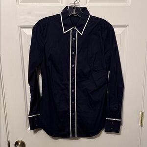 Ann Taylor Women's Navy Button Down Shirt with White Trim